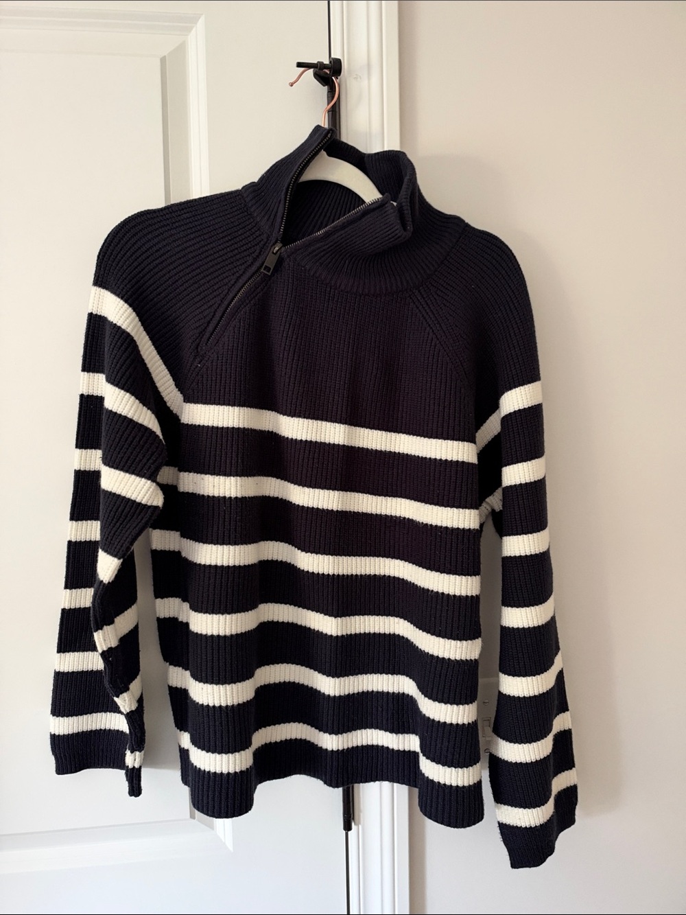 Aqua Striped navy and White Half-Zip Sweater